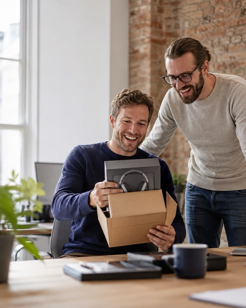 Zwei Kollegen im Büro freuen sich über einen frisch gelieferten Kopfhörer aus dem Mitarbeitershop